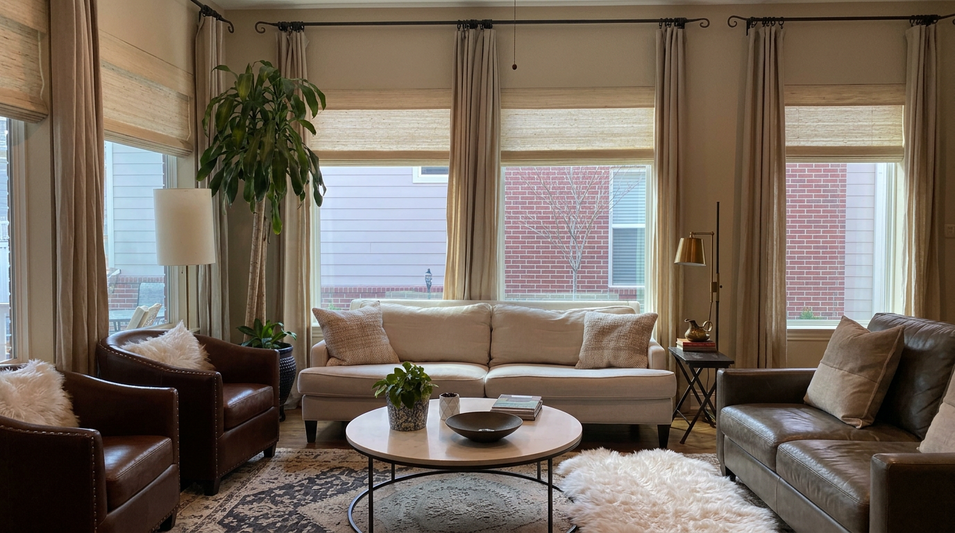 Bright living room with woven wood shades and linen curtains